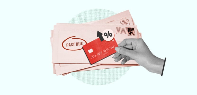 Credit card with a Past Due envelope showing a penalty APR