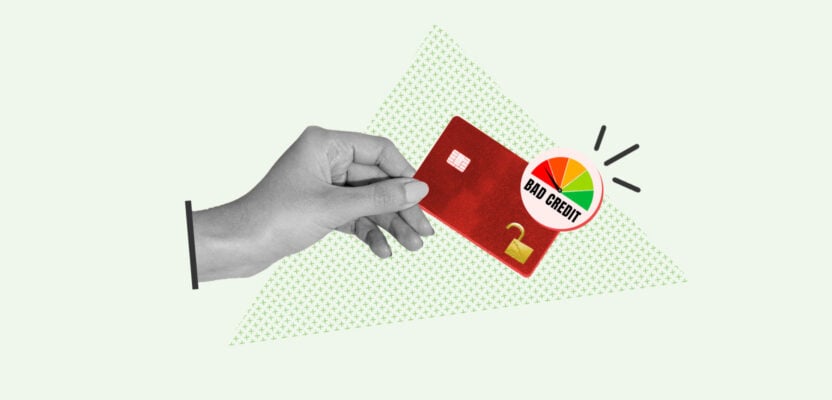 Unsecured credit card with a credit score gauge showing bad credit