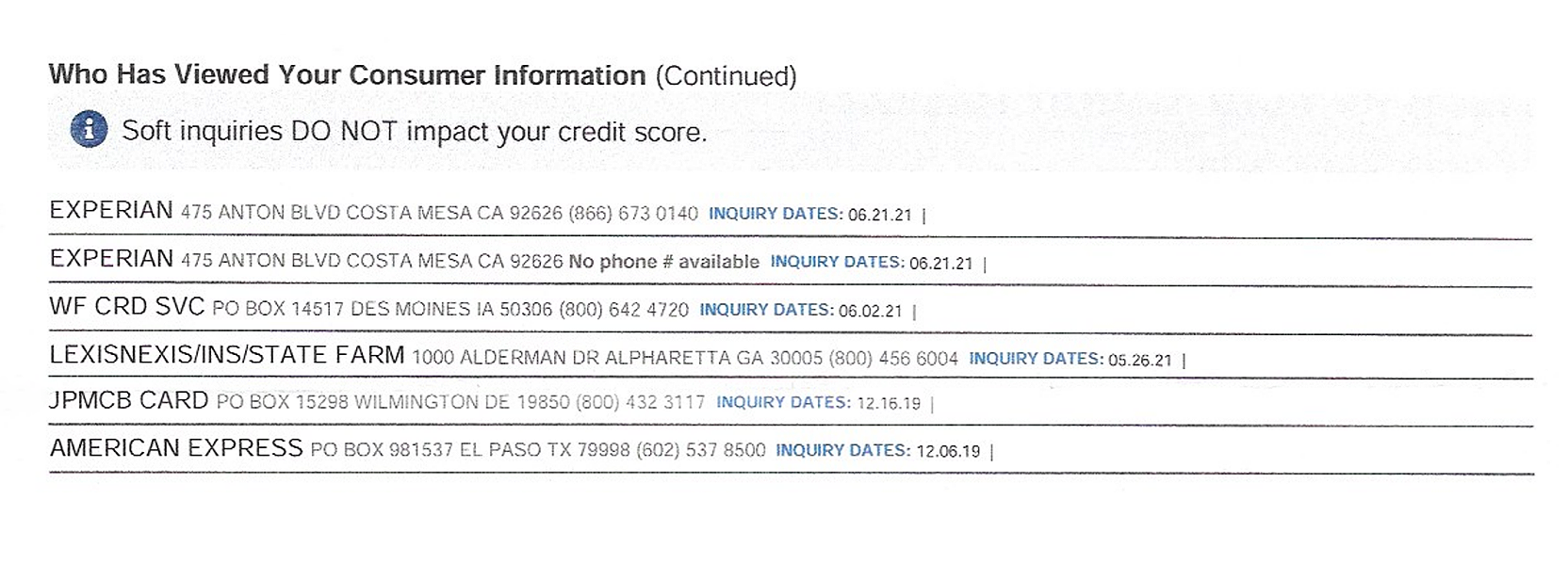 Credit report showing Experian soft inquiries