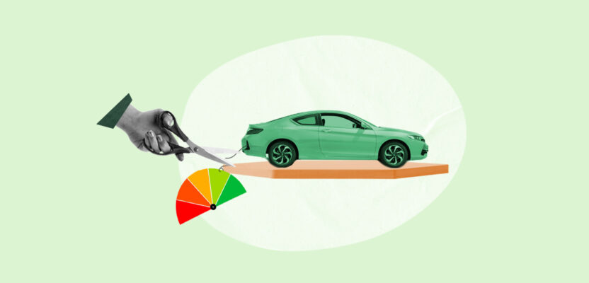 Credit score gauge being removed from car, symbolizing getting a car with no credit