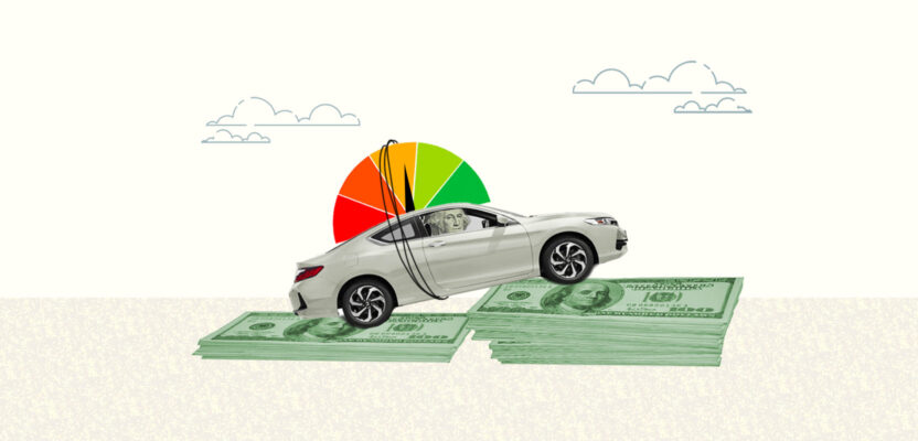 Credit score gauge tied to car representing whether refinancing a car hurts your credit