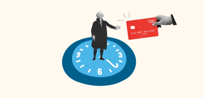 Man standing on a clock and reaching for a credit card representing how long it takes to get one