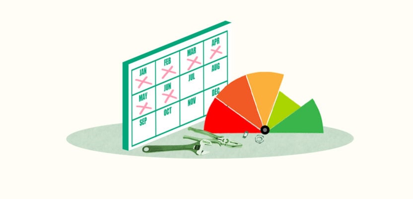 Broken FICO gauge next to calendar representing fixing credit score in 6 months