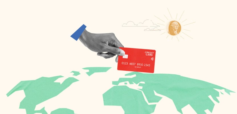 Credit card and world map representing using credit cards internationally