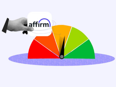 Affirm logo in front of credit score gauge