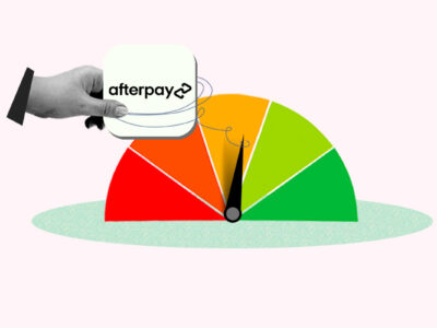 Afterpay logo in front of credit score gauge