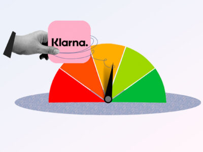 Klarna logo in front of credit score gauge