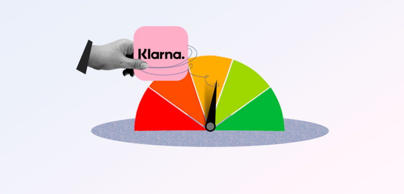 Klarna logo in front of credit score gauge