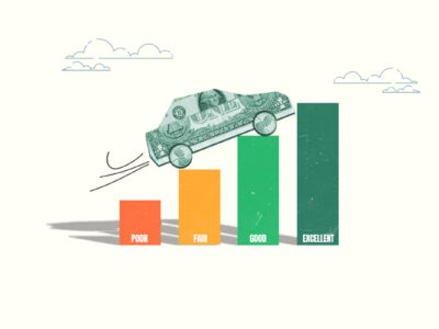 Car driving up a credit score graph representing building credit with an auto lease