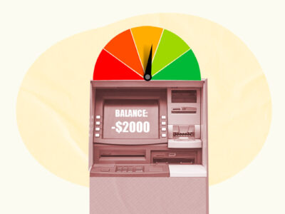 Credit score gauge behind ATM showing an overdraft message