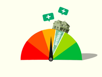 House on credit score gauge representing a mortgage raising your credit score